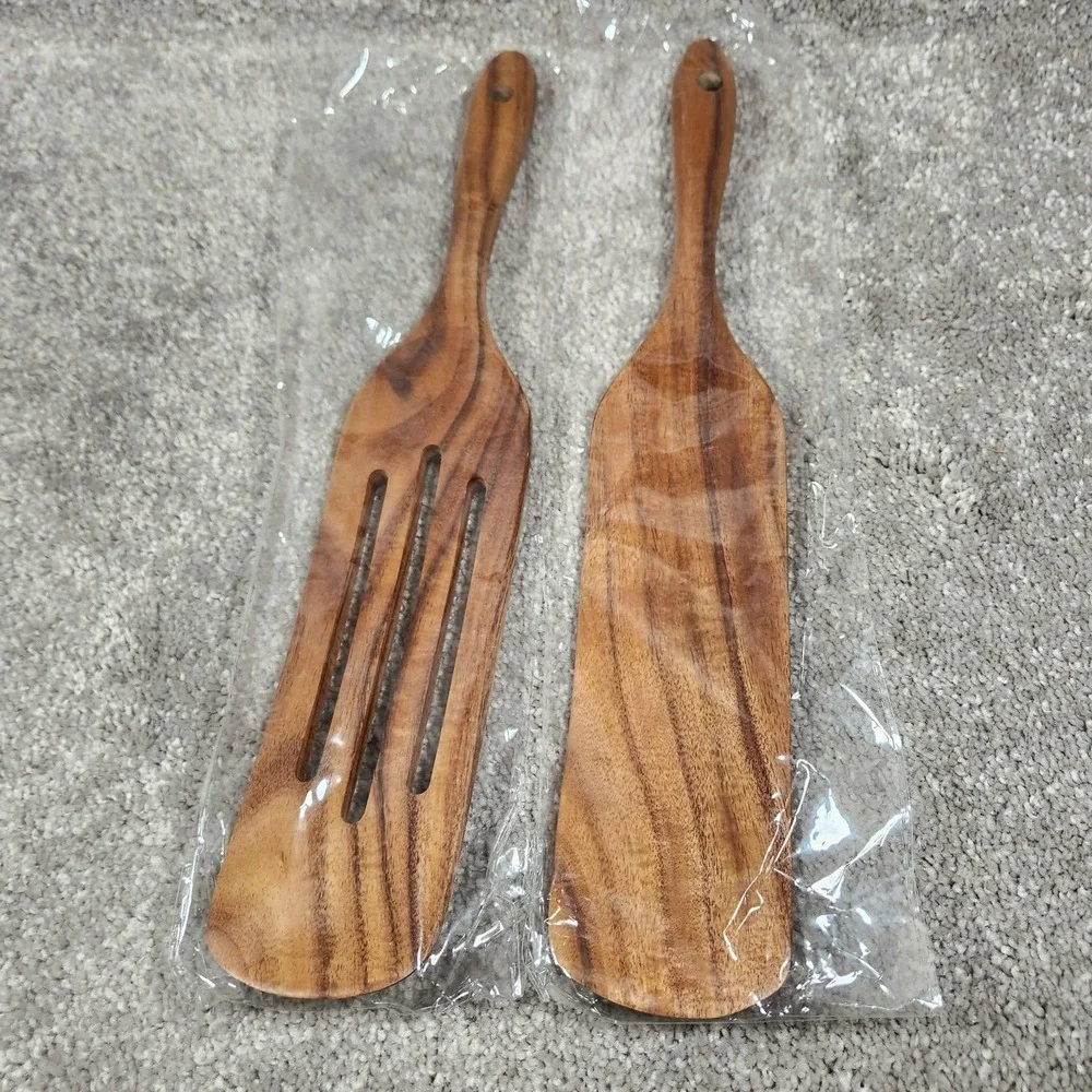 Wooden Salad‎ Server Set Brown Slotted and Solid Paddles